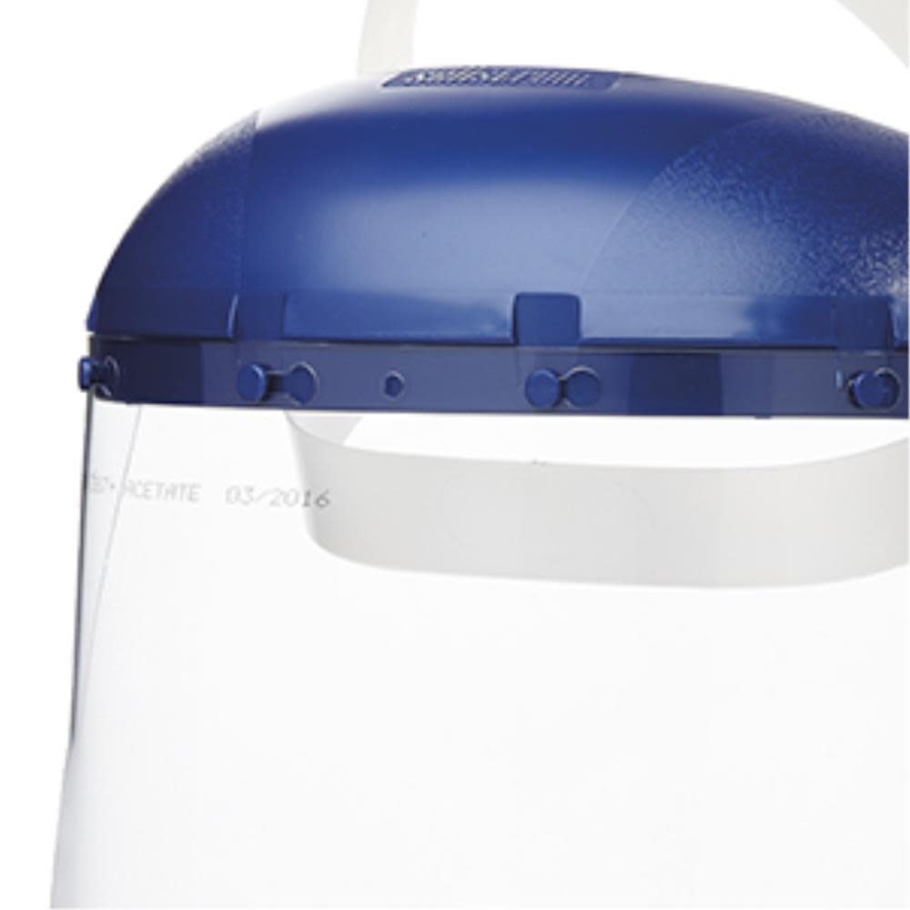 Single Crown Safety Face Shield with Pin-Lock Headgear， Polycarbonate Window， Clear Tint， Uncoated， Blue Crown