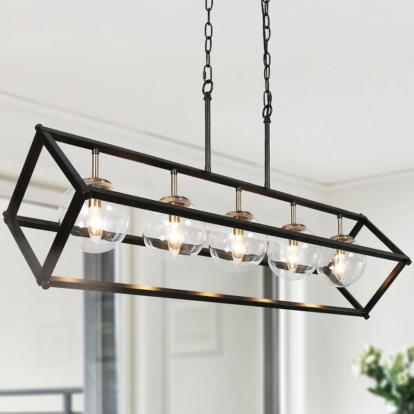 Modern Farmhouse 5-Light Geometric Chandeliers Black Gold Glass Island Light for Dining Room - 41.5
