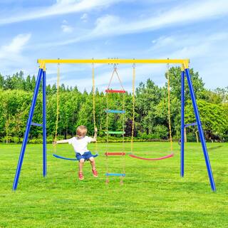 Metal Outdoor Swing Set with Climbing Ladder Swing and Climbing Playset in Blue LN20232282