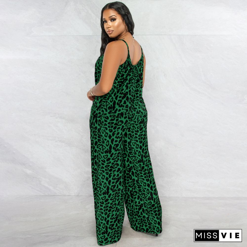 Leopard Spaghetti Strap Loose Plus Size Jumpsuits