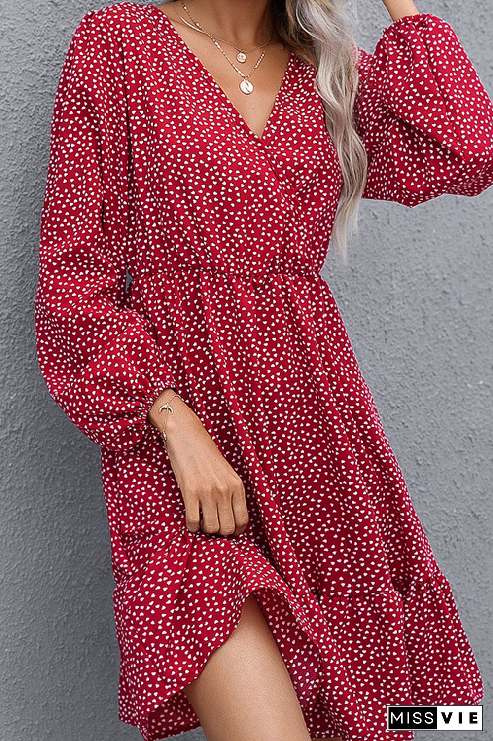 Polka Dot V-neck Long Sleeve Midi Dress Wholesale