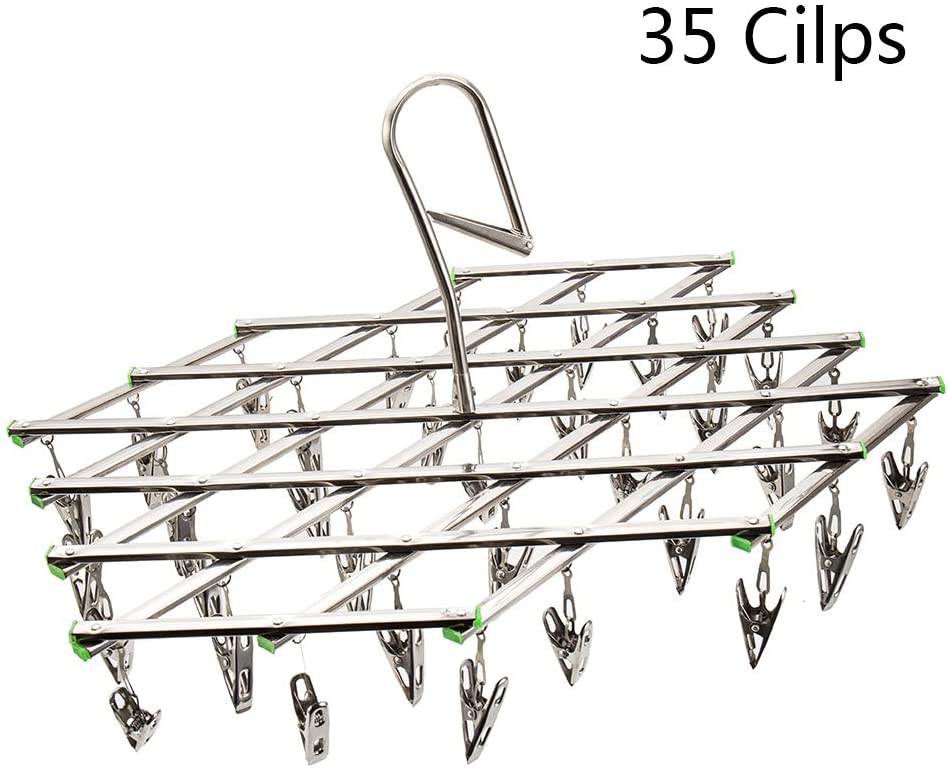 Stainless Steel Hanging Drying Rack-with 35 Clips Space Saer Drying Pegs Hook Drip Sock Dryer Hanger for Laundry Clothes Underwear Socks Gloes