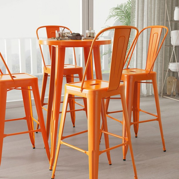 Round Table And Slatted Back Bar Stools With Footrests