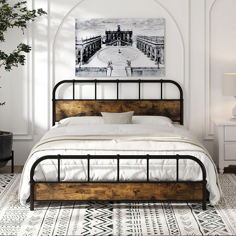 Queen Size Industrial Metal Platform Bed Frame Headboard Mattress Foundation