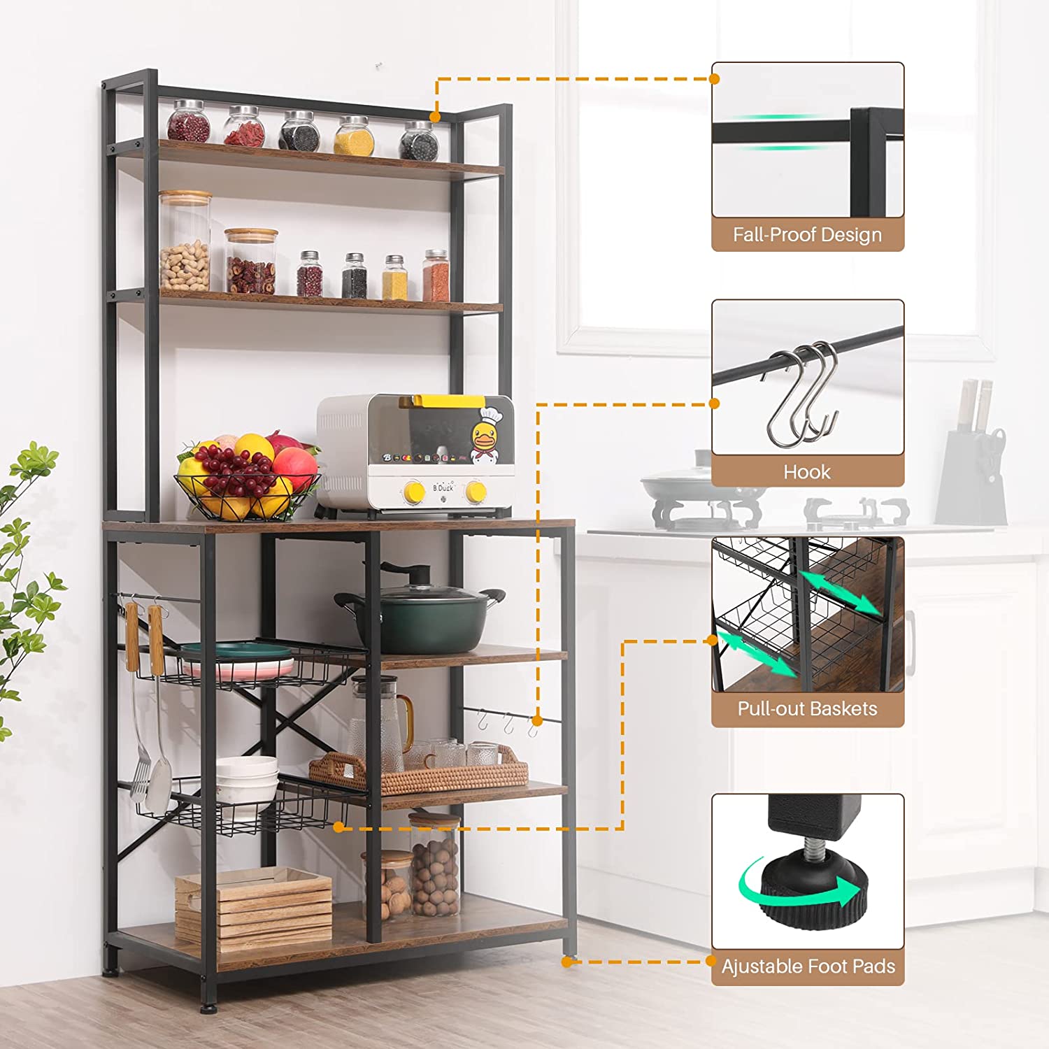 Yoleny 6-Tier Kitchen Baker's Rack， Microwave Oven Stand， Free Standing Utility Storage Shelf for Kitchen， Living Room， Brown