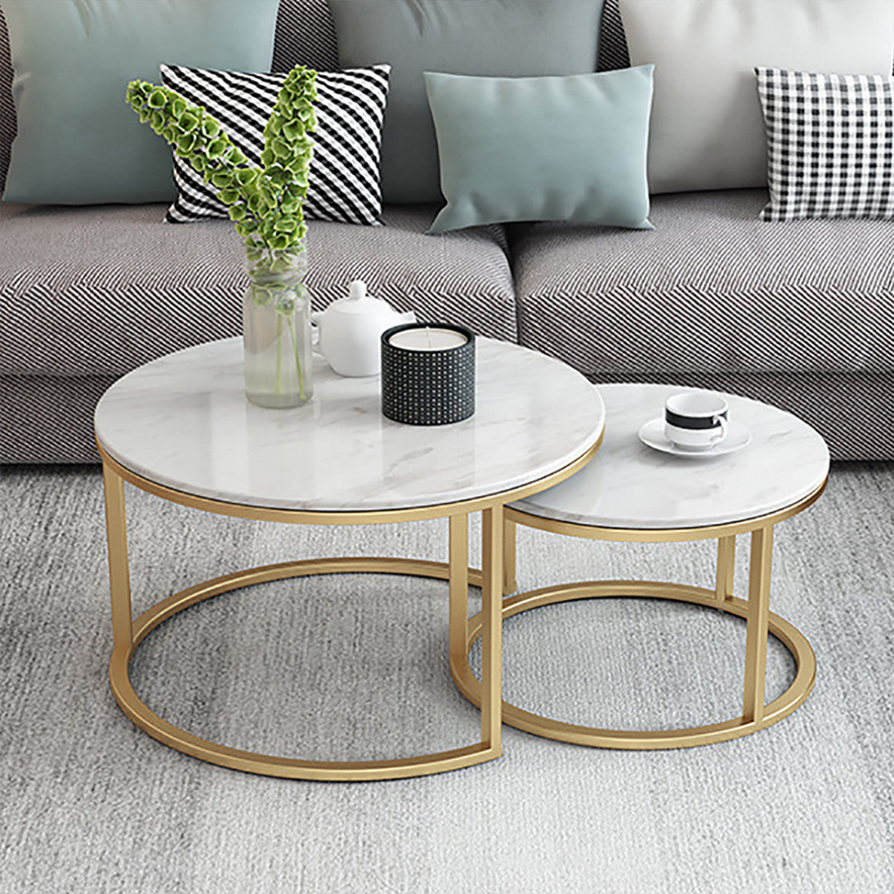 Modern Round Coffee Table Gold Metal  ampWhite Marble Accent Table with Set of 2   Contemporary   Coffee Table Sets   by Homary International Limited  Houzz