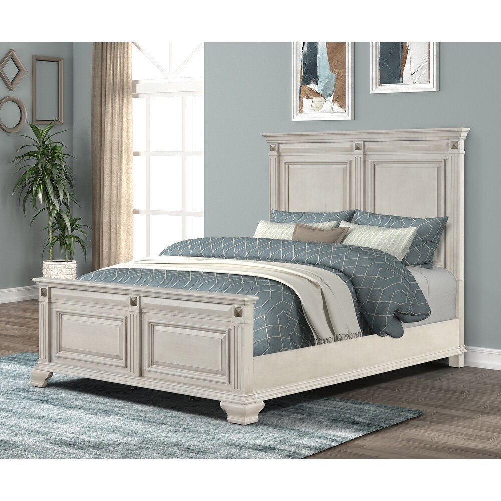 Roundhill Furniture Renova Distressed Parchment Wood Bedroom Set with Panel Bed  Dresser  Mirror  Nightstand  Chest