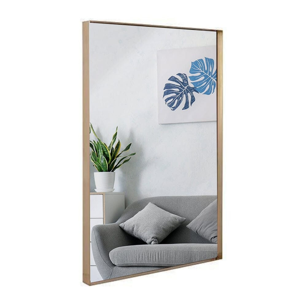 Contemporary Brushed Metal Wall Mirror | Glass Panel Gold Framed Squared Corner Deep Set Design (24