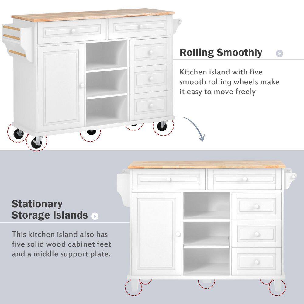 tunuo White Rolling Kitchen Island Cart with Rubber Wood Top (53 in. W) SFWF-297003WH