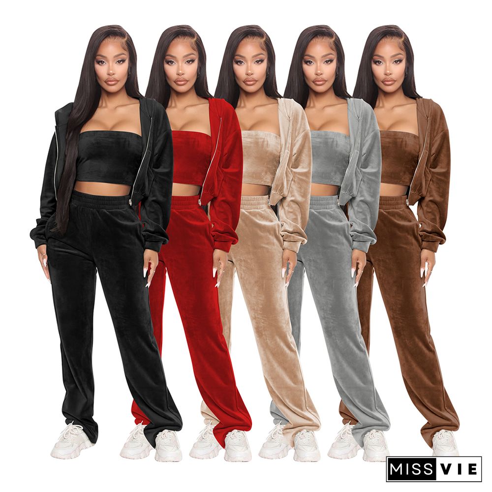 Velvet Hooded Coat+Strapless Crop Top+Pants Set