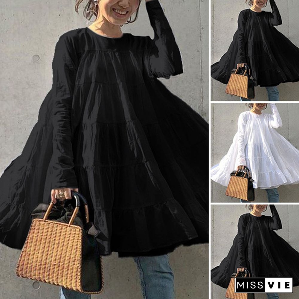 Plus Size Women Casual Loose Long Sleeve Ruffled Mini Dresses Solid Color Holiday T-shirt Dress Blouse Tops Robe Femme