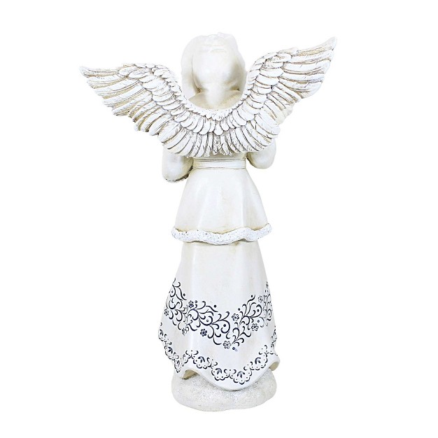 Christmas Angel Holding Cardinal One Figurine 10 25 Inches Wings White Robe Polyresin Off white