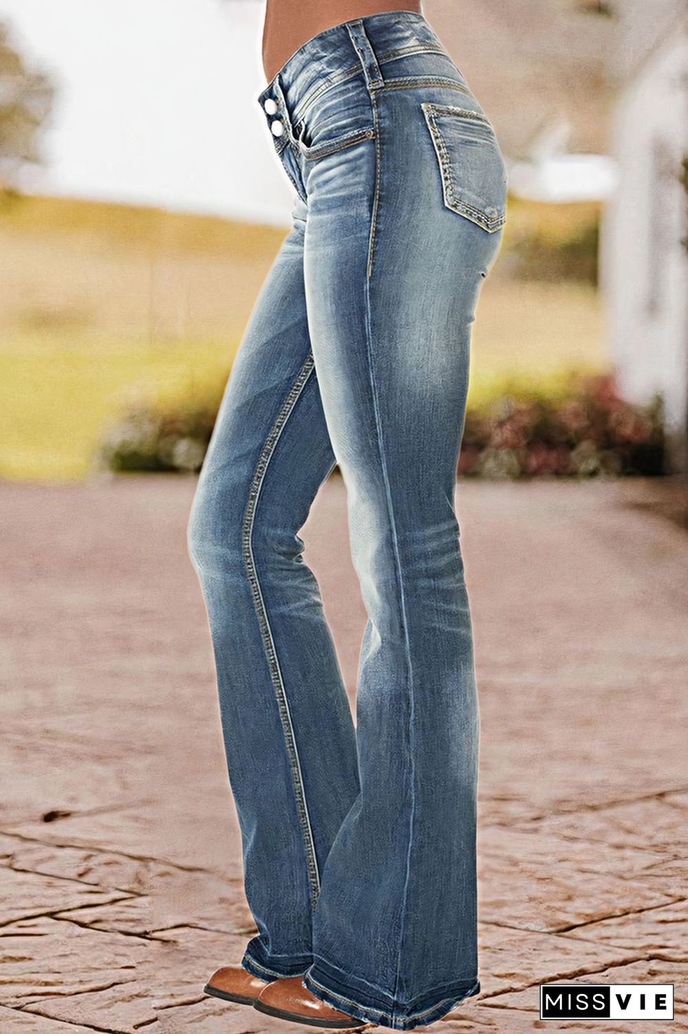 Double Button Frayed Low Waist Flare Jeans