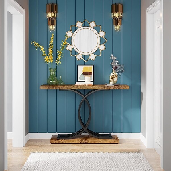 Console Table， Faux Marble Hallway Table with Geometric Metal Legs - 11.81