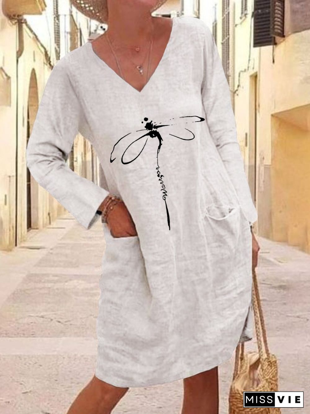 Casual Dragonfly Long Sleeve V Neck Plus Size Printed Dress