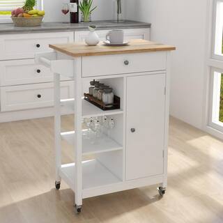 Tileon White Kitchen Island Cart with Rolling Wheel  Wood Table Top  Towel Rack Kitchen Trolley with Ample Storage Space AYBSZHD140