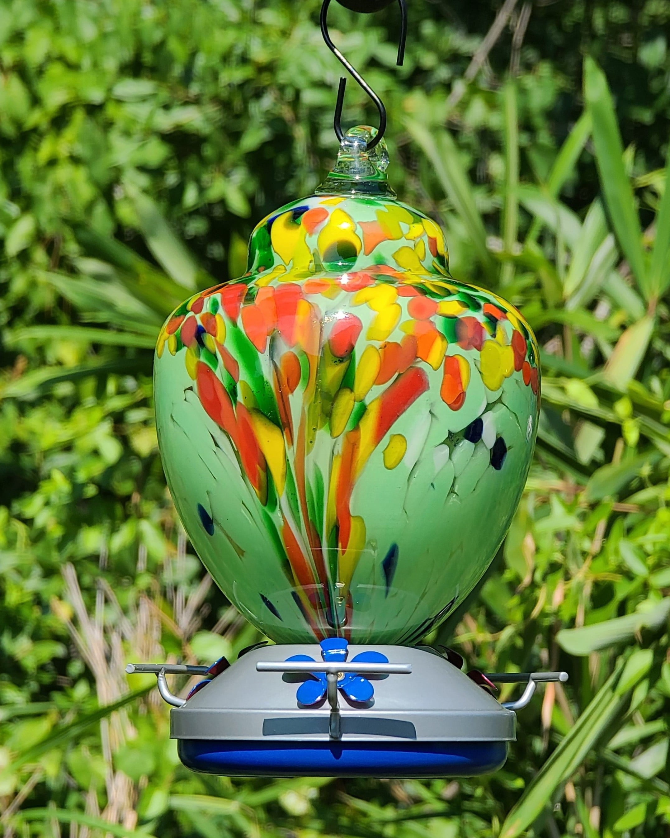 Griffin Products 38 oz. Green Hand-Blown Glass Hummingbird Feeder