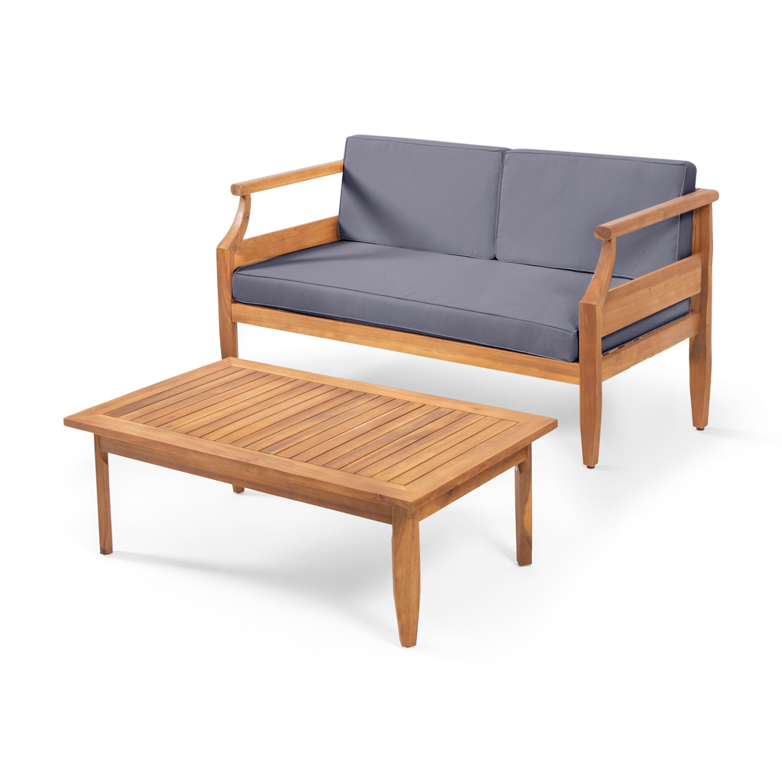 Bianca Outdoor Mid-Century Modern Acacia Wood Loveseat Set