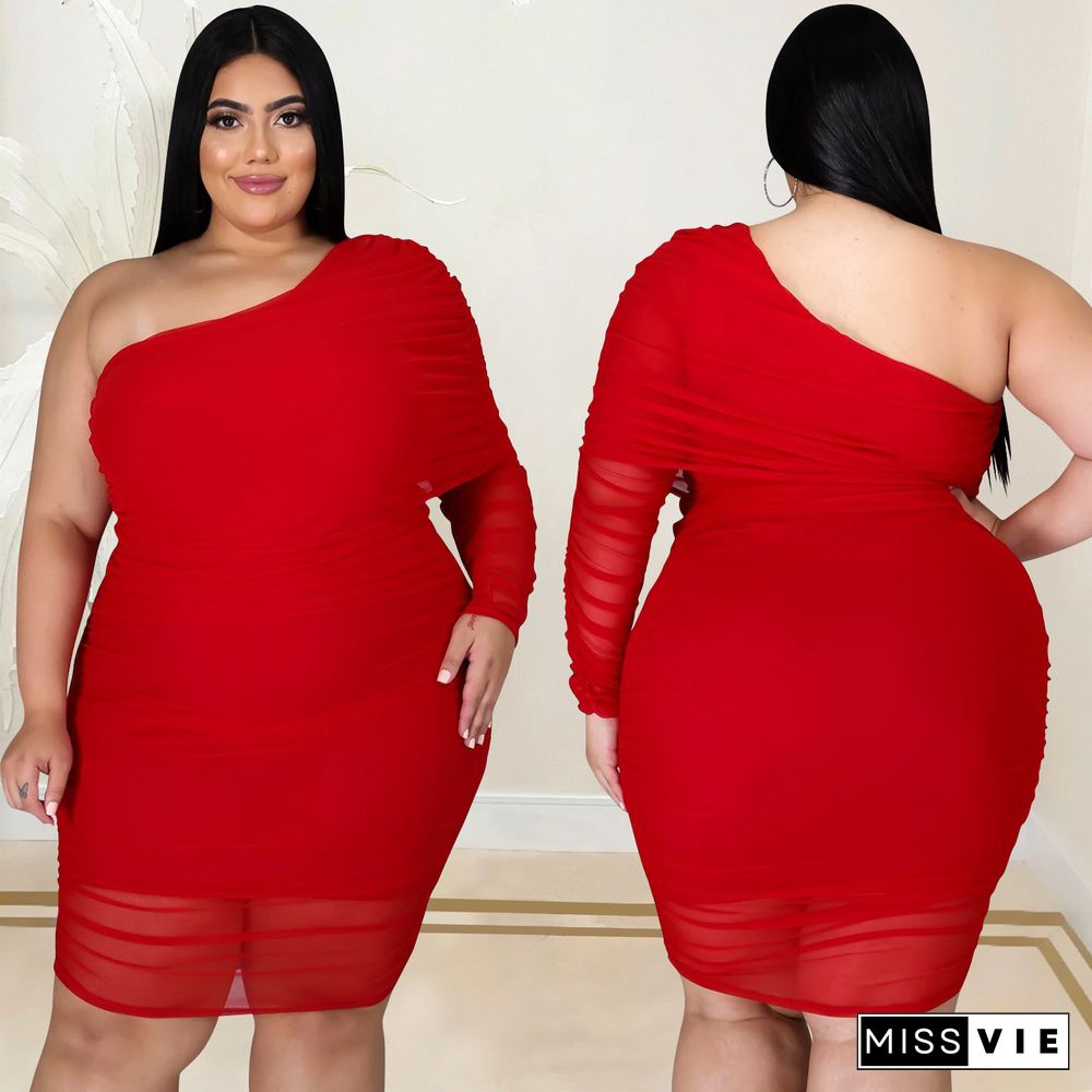 Plus Size Mesh Solid Single Sleeve Bodycon Dress