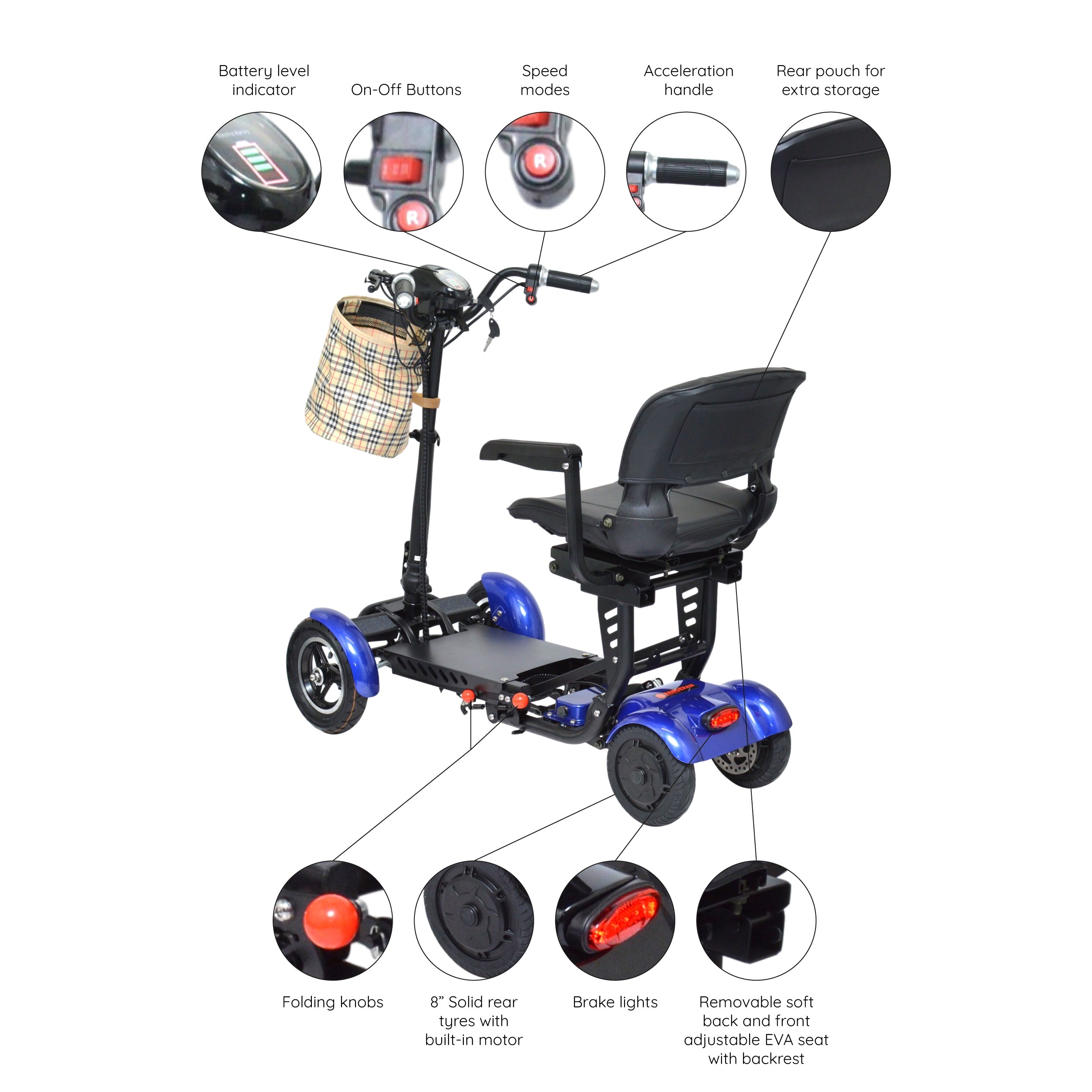 Smart Lightweight Electric Mobility Scooter, Easy Travel Wide Seat - Blue