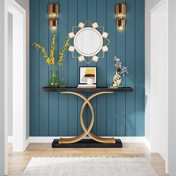 Console Table， Faux Marble Hallway Table with Geometric Metal Legs - 11.81