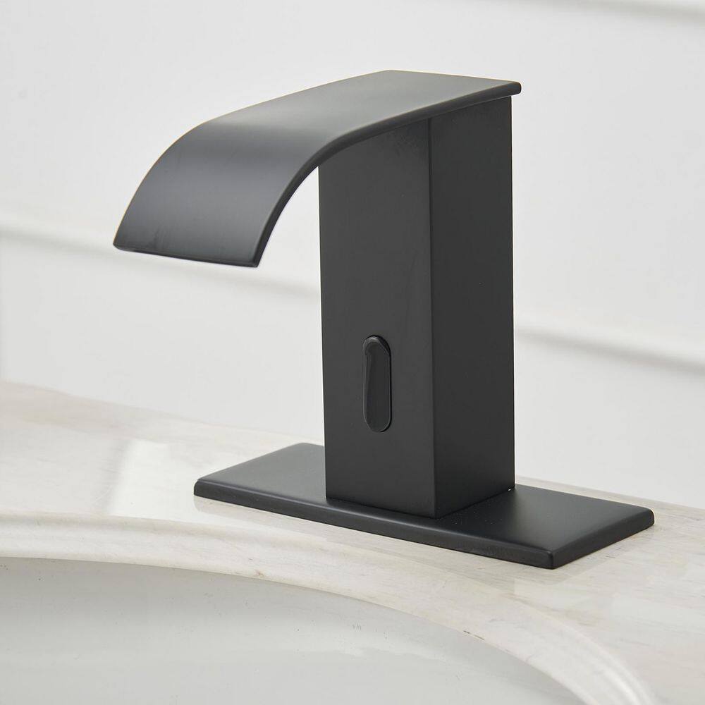 BWE Waterfall Automatic Sensor Touchless Bathroom Sink Faucet With Pop Up Drain With Overflow  Deck Plate In Matte Black A-918139-B