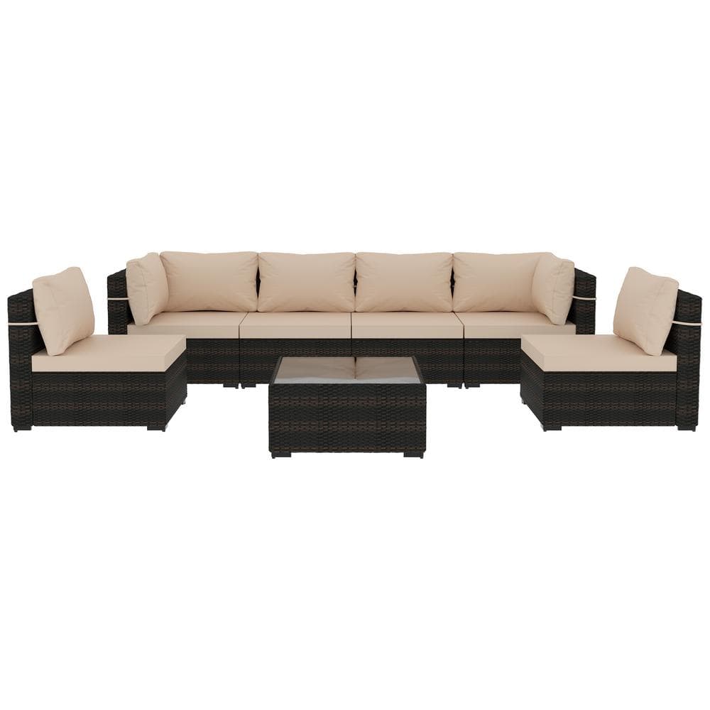 UPHA 7-Piece Wicker Patio Conversation Sectional Seating Set with Beige Cushions HD-PFS-ABC