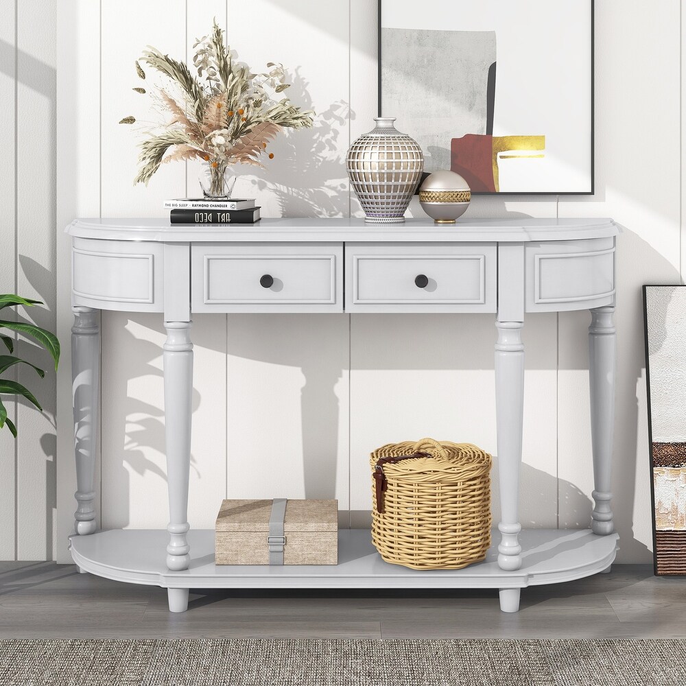 Retro Circular Curved Design Console Table with Shelf and Legs Two Top Drawers