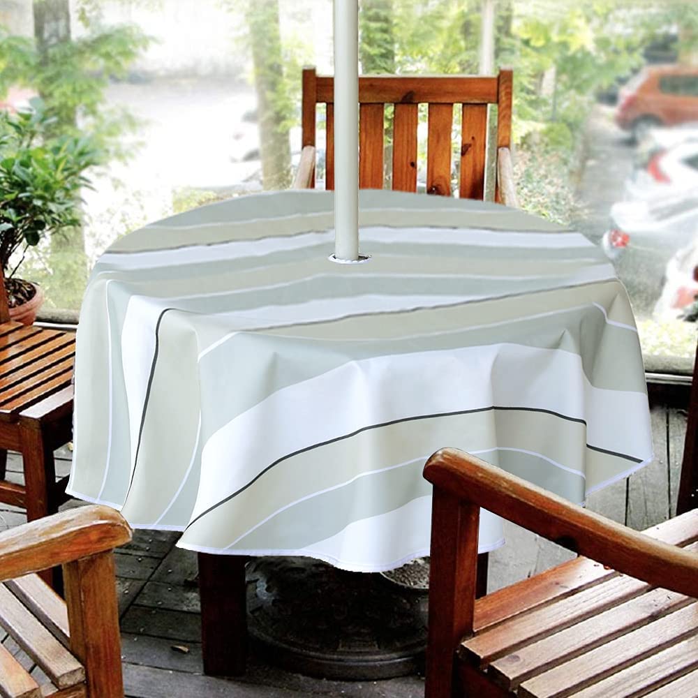 SHANNA Outdoor Waterproof Tablecloth with Umbrella Hole and Zip Closure for Garden Table, BBQ, Party, Family Dinner （Stripes,Round,150*150cm）