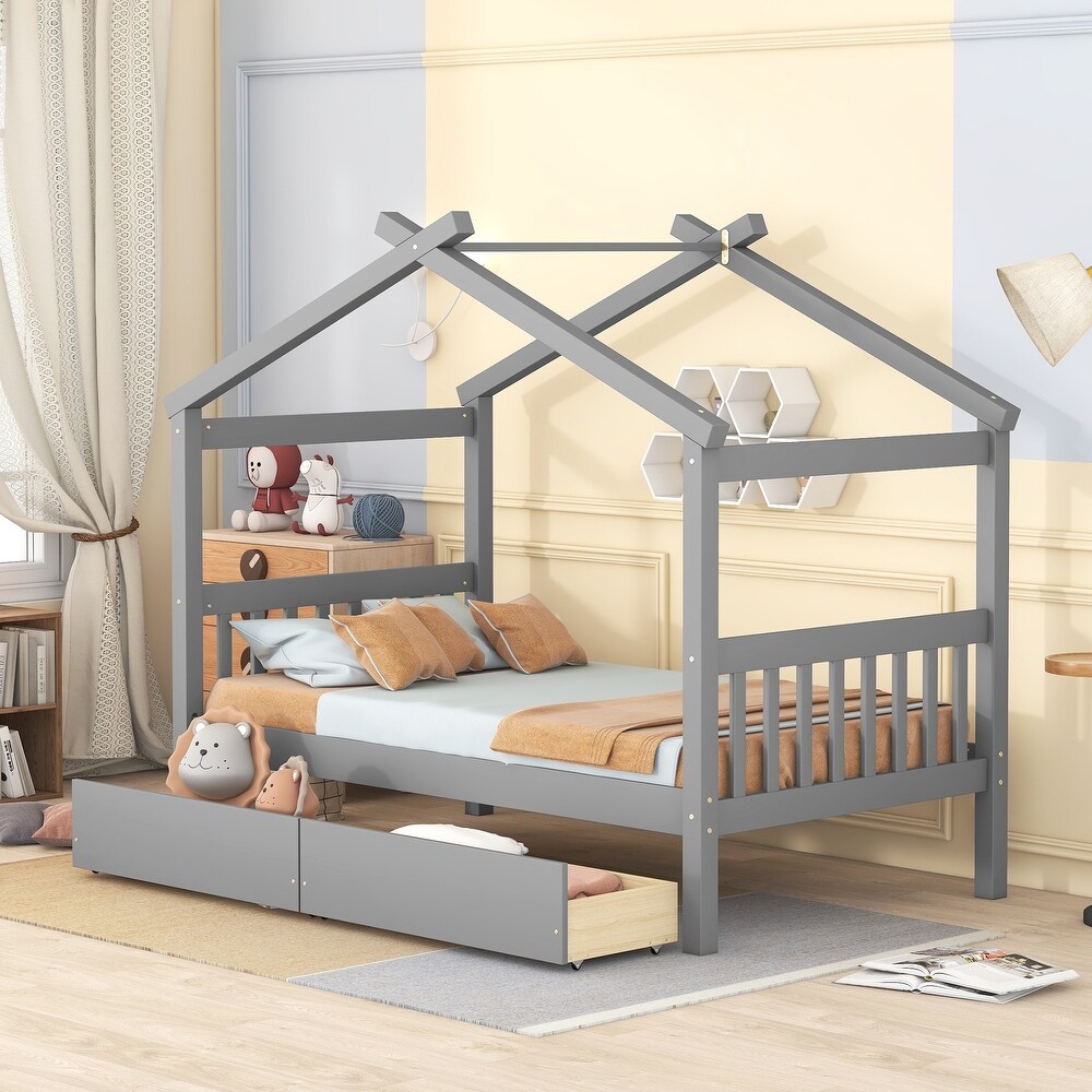 Twin Imaginative House Daybed with Headboard for Kids Girls Boys  Wooden Storage Platform Bedframe with 2 Drawers   Sky Roof