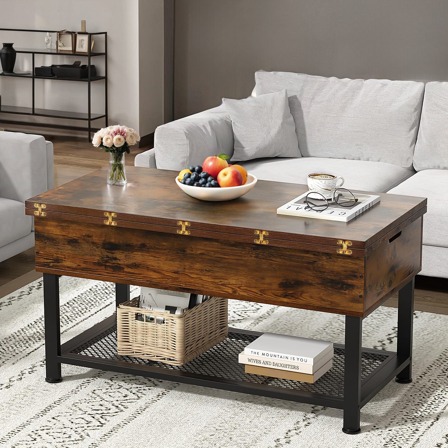 Coffee Table with Lifting Top Modern Lift Dining Table with 4 Storage Spaces