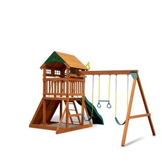 Gorilla Playsets DIY Outing III Wooden Outdoor Playset with Wood Roof Wave Slide Rock Wall Sandbox and Swing Set Accessories 01-1063