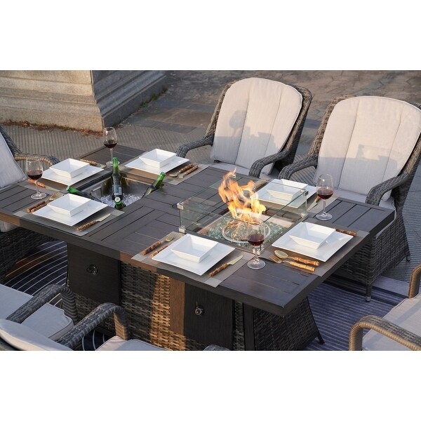 Pralia 7Piece Patio Rectangular Ice Bucket and Firepit Dining Set