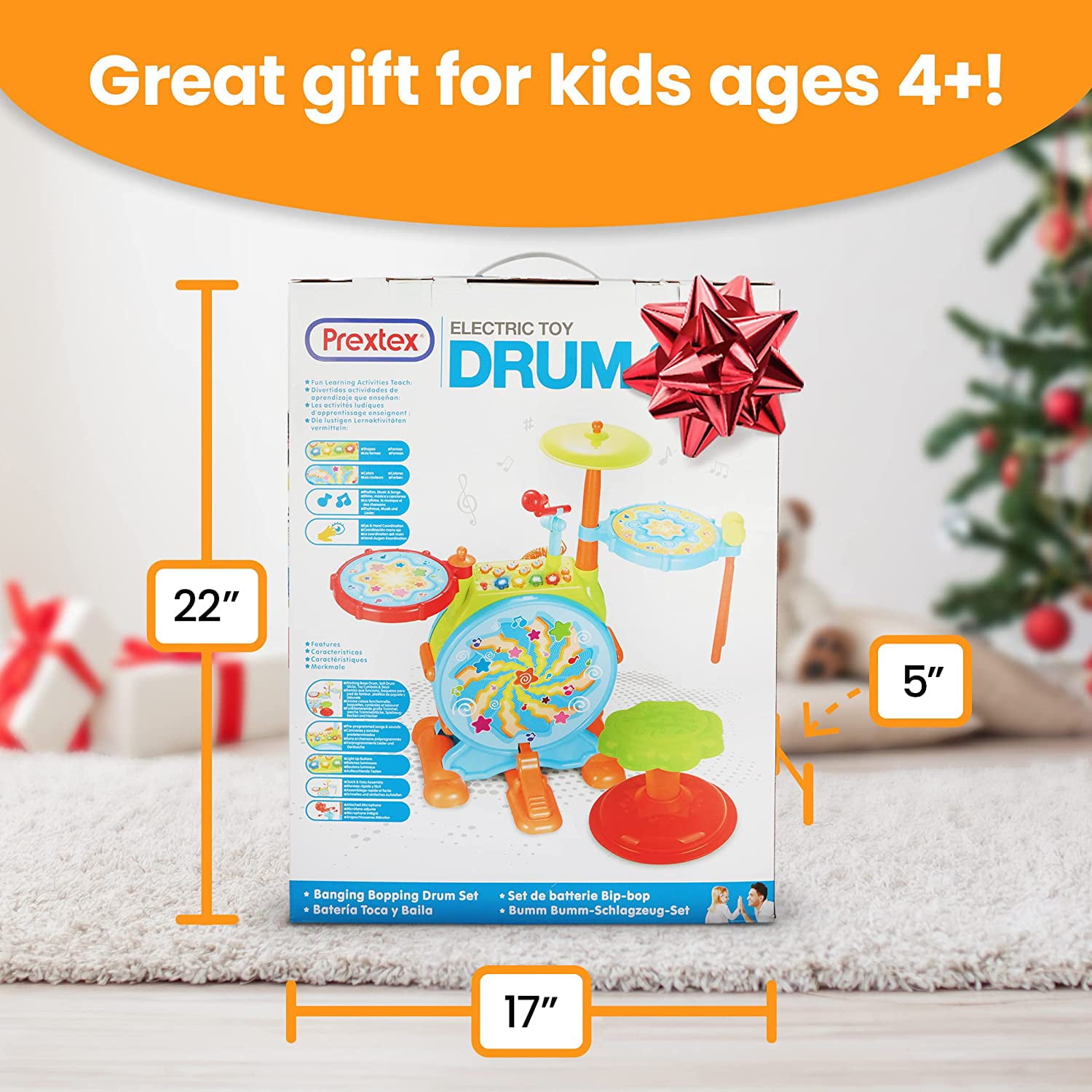 Prextex Kids Drum Set with Working Microphone， Lights， Adjustable Sound， Bass Drum， Pedal， Drum Sticks， and Little Chair for Babies Toddlers and Kids