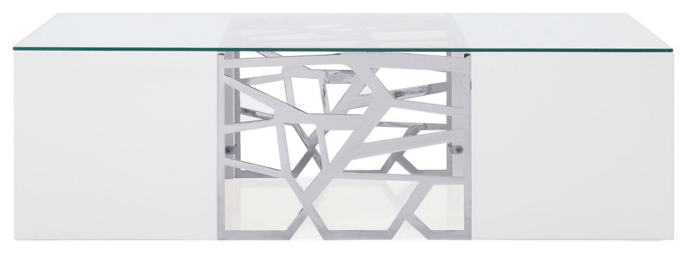 Liera Coffee Table Clear Tempered Glass Top White Lacquer Base Stainless Steel   Contemporary   Coffee Tables   by Zuri Furniture  Houzz