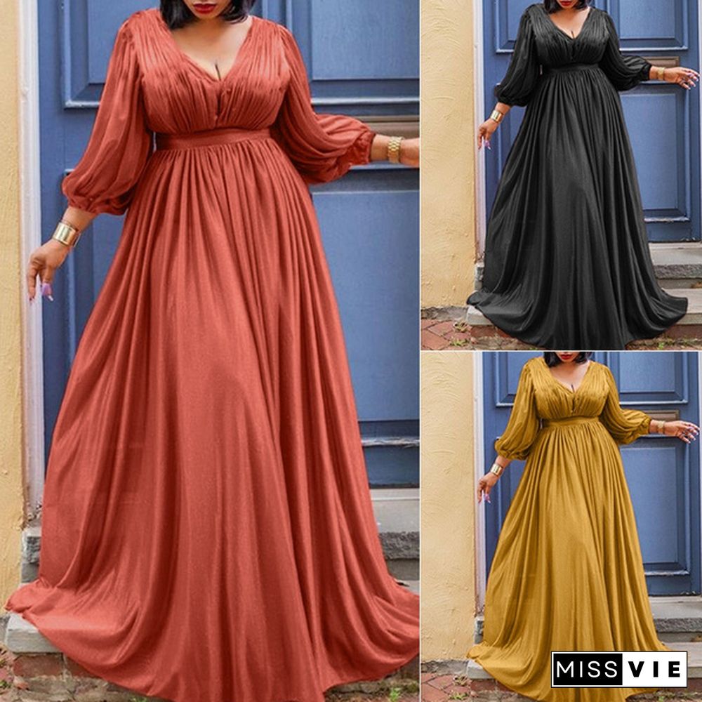 Women V Neck Puff Sleeve Dress Pleated High Waist Dress Prom Cocktail Gown Maxi Dress