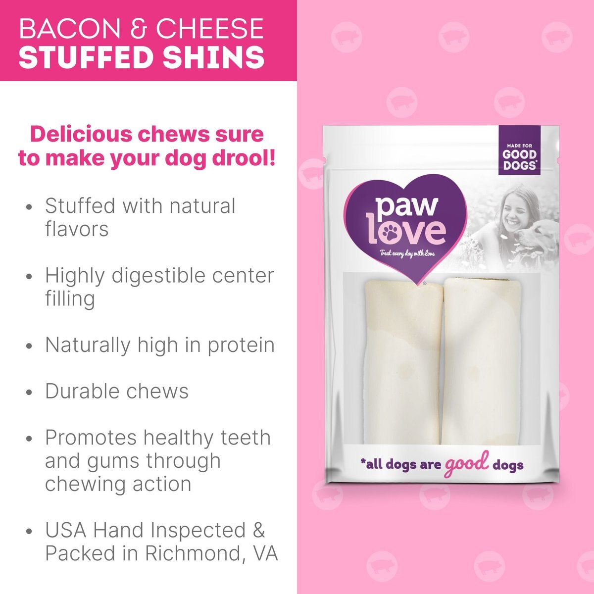 PawLove 5.5-in Bacon Cheese Stuffed Shin Bone Dog Treat， 2 count