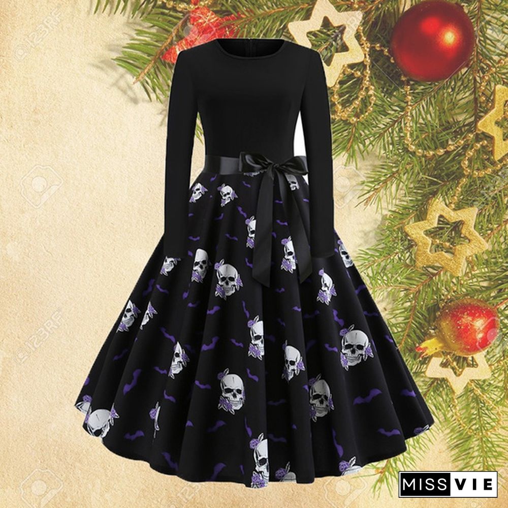 Trendy Women Halloween Christmas Costumes Long Sleeve Dresses Elegant Pumpkin Santa Claus Skull 3D Print Evening Party Dresses Festival Round Neck Belt Prom Dresses Plus Size