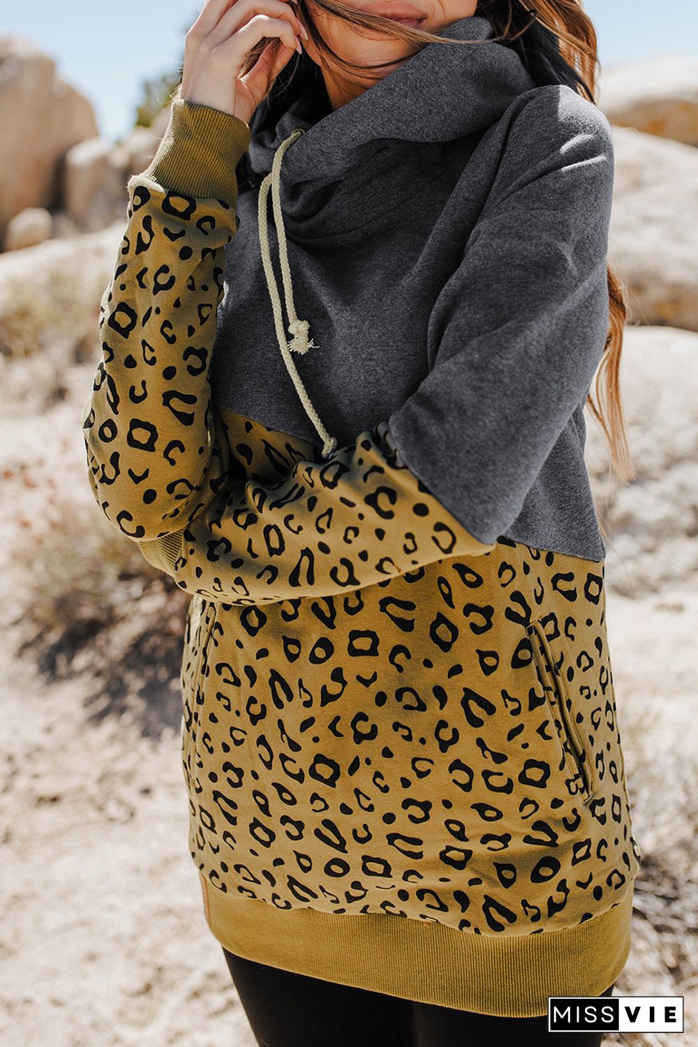 Leopard Colorblock Cowl Neck Hoodie