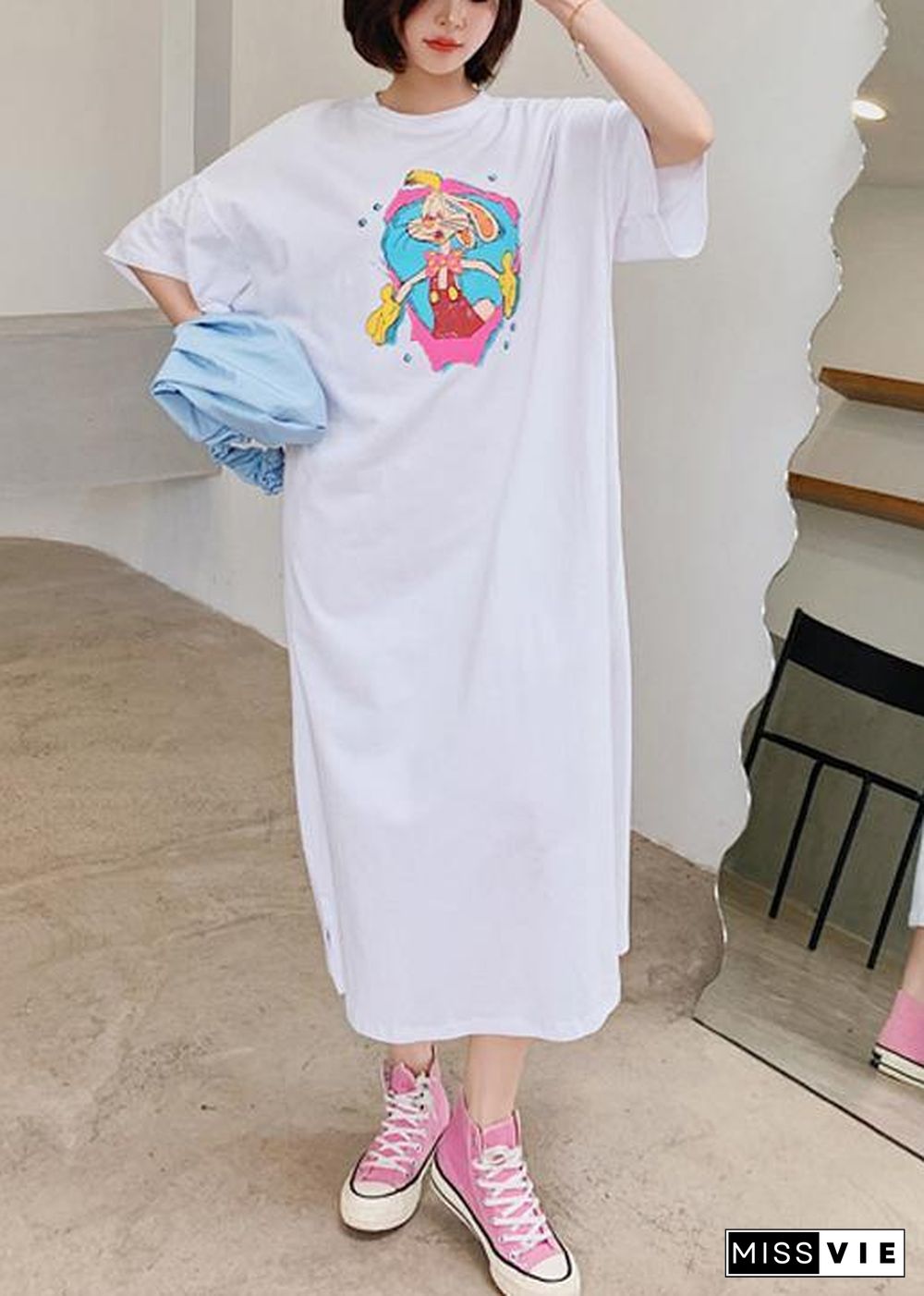 Handmade white Cartoon anime print dress o neck Robe Dresses