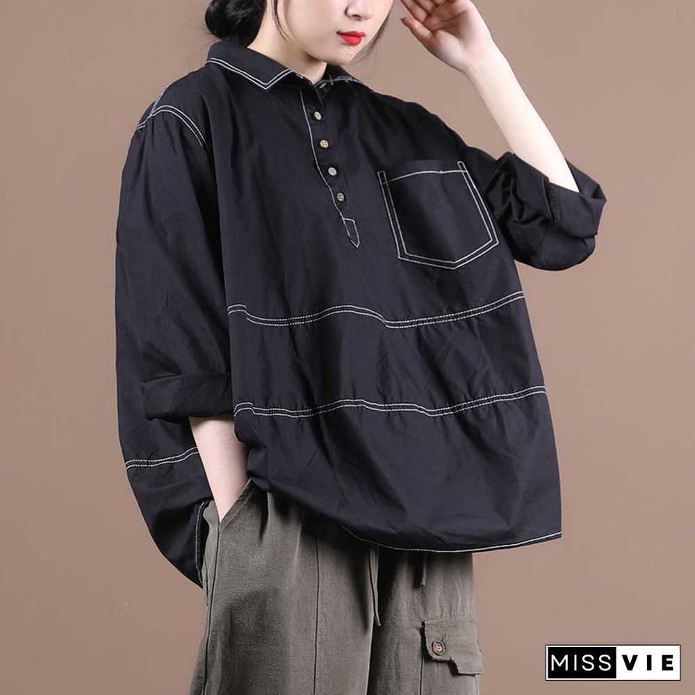 Women lapel baggy blouses for pattern black top