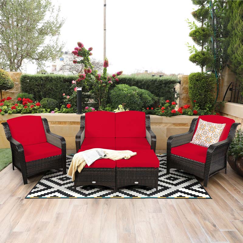 5 Pcs Rattan Wicker Patio Furniture Set with Loveseat, Single Sofas & Ottomans, Outdoor Conversation Sets