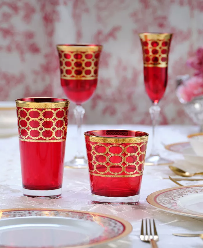 Lorren Home Trends Deep Red Colored Double Old Fashion with Gold-Tone Rings Set of 4