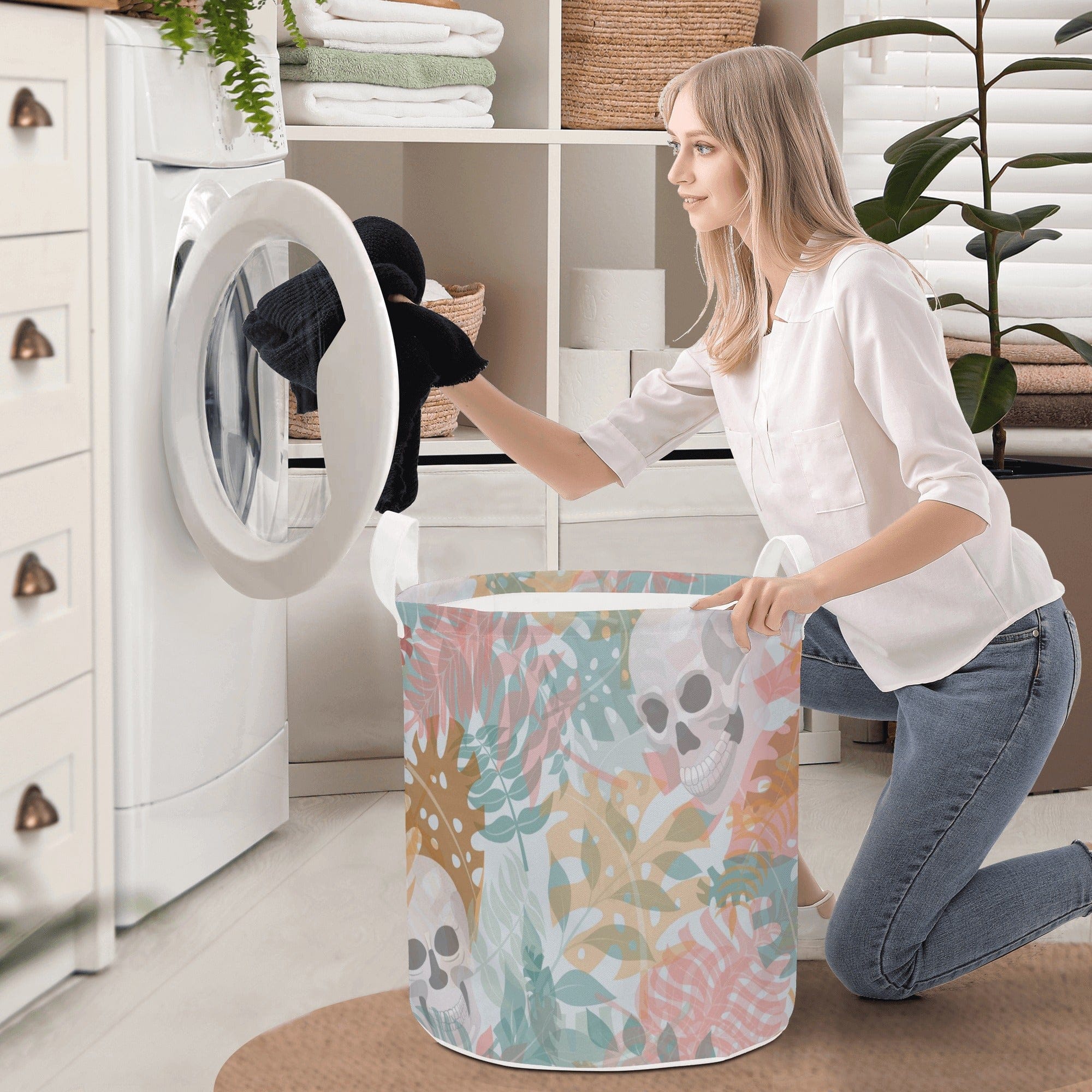 Pastel Skull Round Laundry Basket