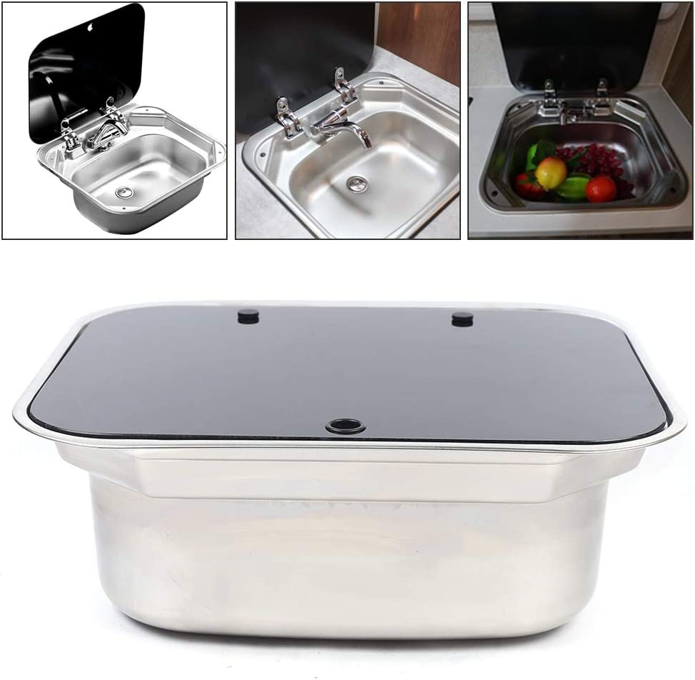 Oukaning RV Caravan Camper Stainless Steel Hand Wash Basin Kitchen Basin Sink with Lid and Tap16.53" X 14.56" X 6.3"