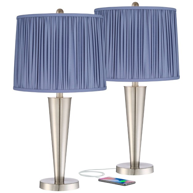 High Brushed Nickel With Usb Charging Port Blue Shirred Shade For Bedroom Living Room House Desk