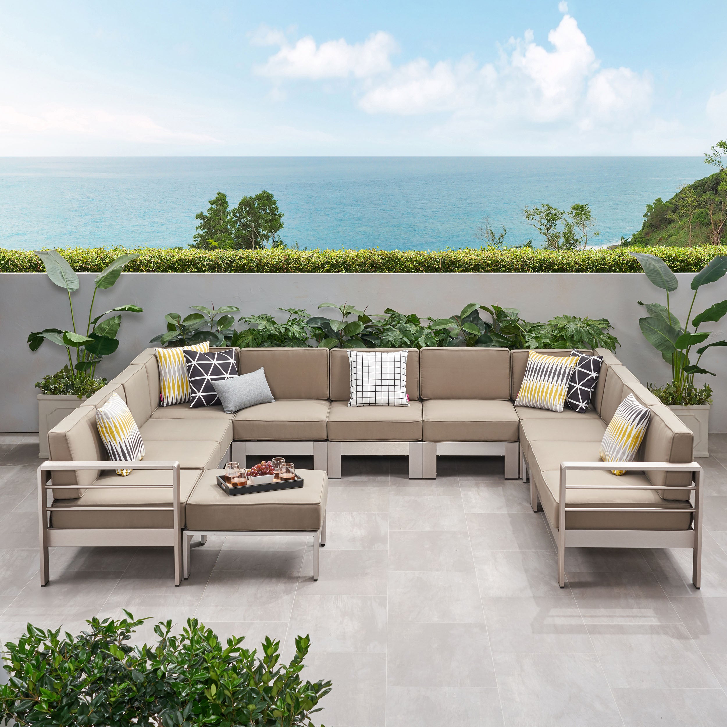 Freda Outdoor 11 Seater Aluminum U-Shaped Sofa Sectional and Ottoman Set