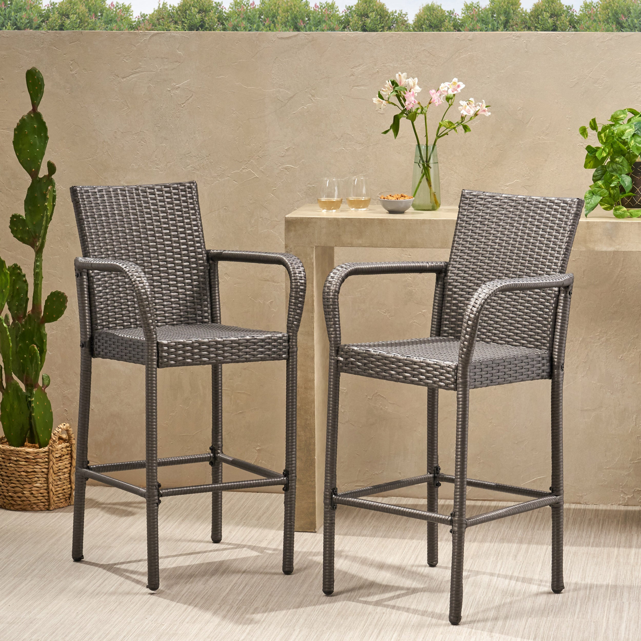 Dunedin Outdoor Coastal Wicker Backed Barstools with Arms