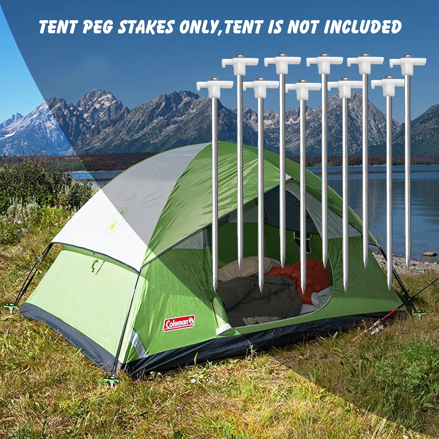 Eurmax Galvanized Non-Rust Camping Family Tent Pop Up Tent Stakes Heavy Duty 10pc-Pack, with 4x10ft Ropes & 1 Black Stopper