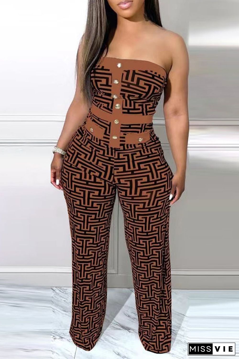 Black White Sexy Street Print Patchwork Strapless Straight Jumpsuits